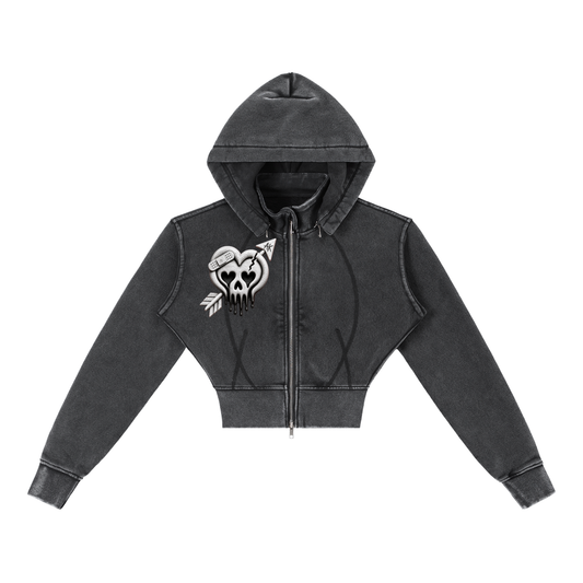 "one night girl" vintage-washed cropped fleece hoodie