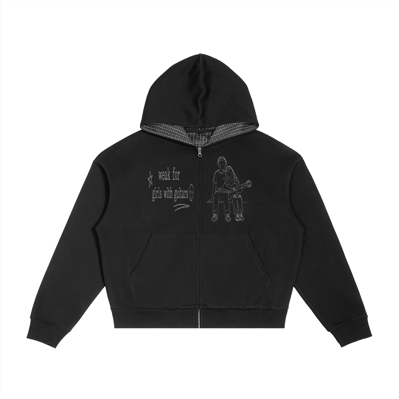"weak for girls with guitars" contrast plaid boxy zip hoodie