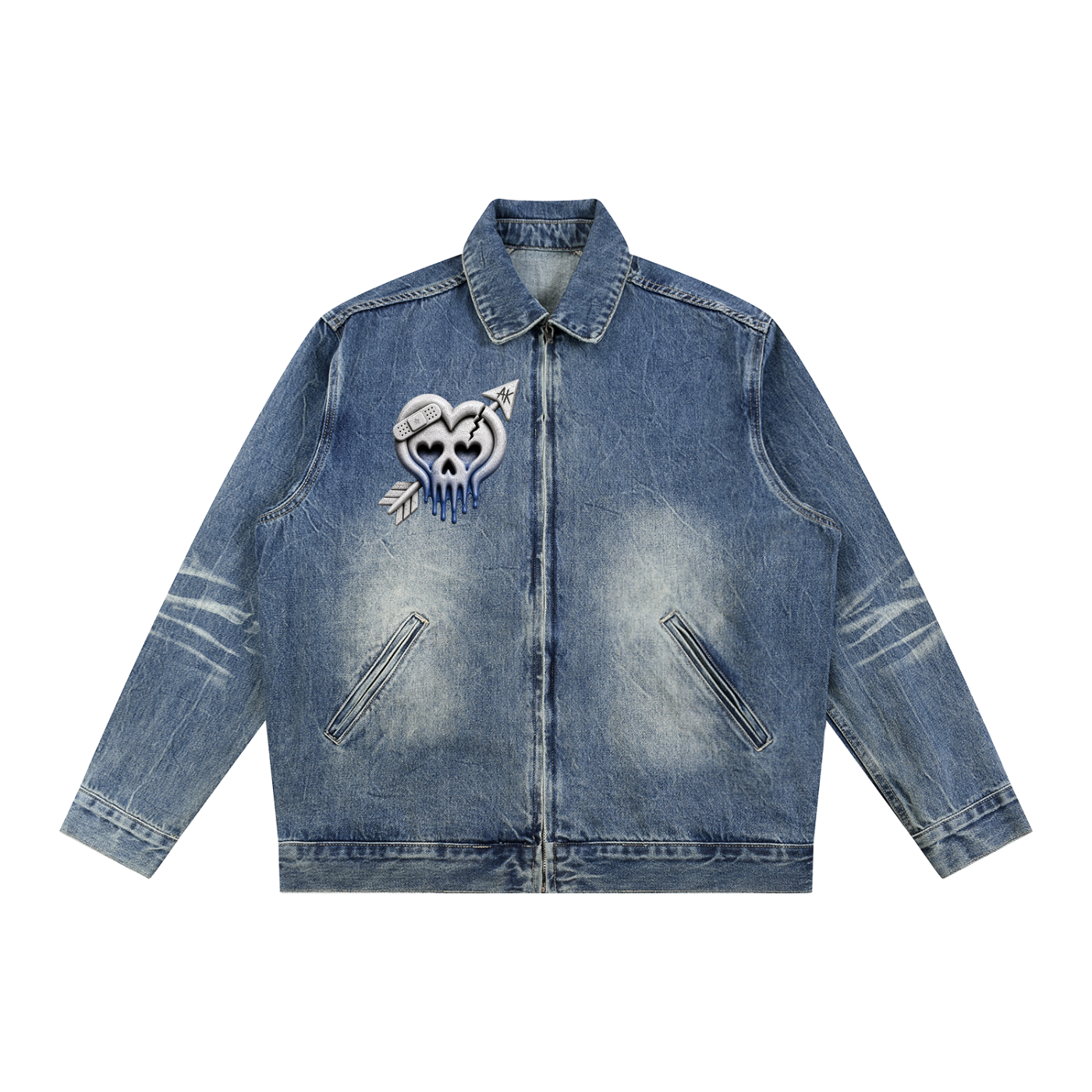 "meet me" vintage zip-up denim jacket