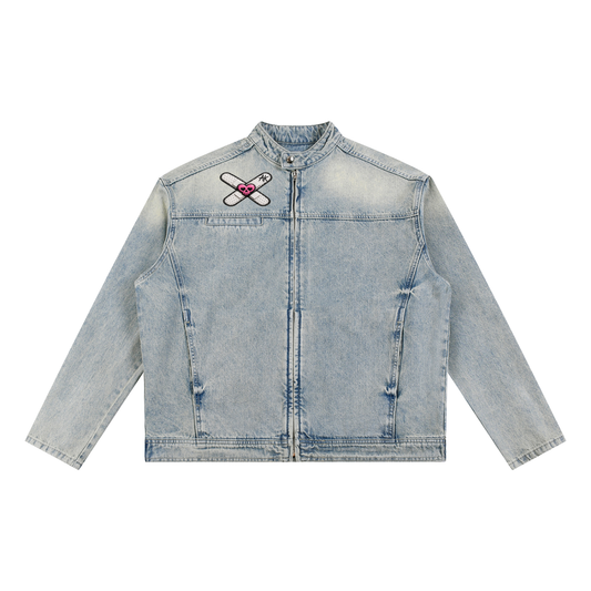 "AK" vintage wash zip denim jacket