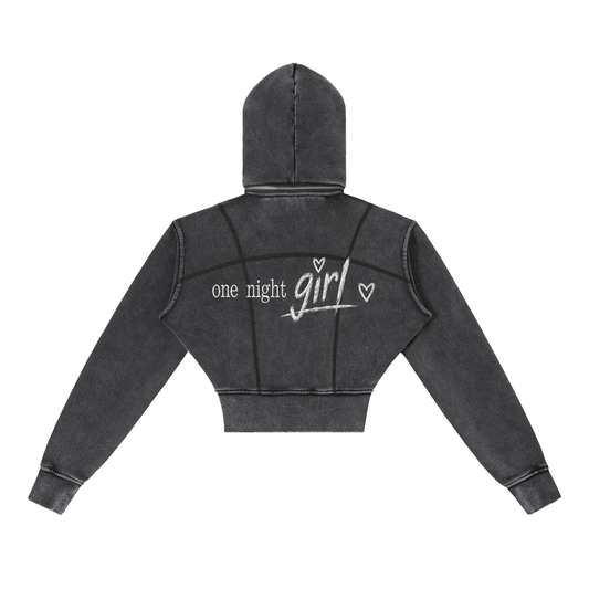 "one night girl" vintage-washed cropped fleece hoodie