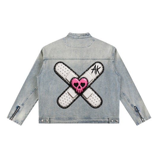 "AK" vintage wash zip denim jacket