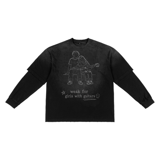 "weak for girls with guitars" sunfade hand-frayed faux two-piece t-shirt